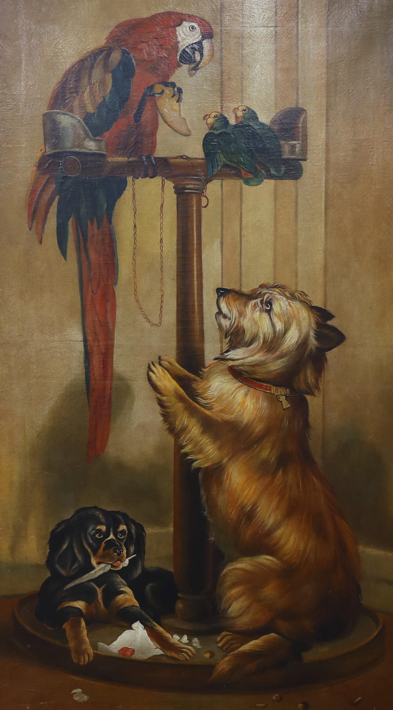 After Edwin Landseer (1802-1873), oil on canvas, Macaw and dogs, 118 x 69cm